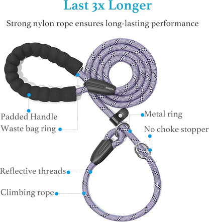Durable Slip Lead Dog Leash, 1/2" X 4 FT, Lavender | Padded Handle, Reflective Threads, No Pull, Dog Training Leash