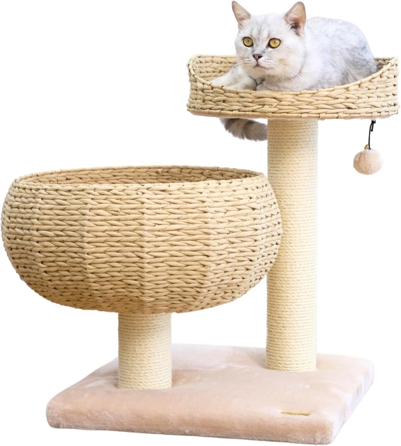 Modern Handwoven Cat Tree with 2 Cat Beds & Sisal Scratching Posts | Handcraft Paper Rope Baskets Bed and Perch, Removeable and Washable Cushion, Replaceable Post, a Pum-Pum Toy, Beige
