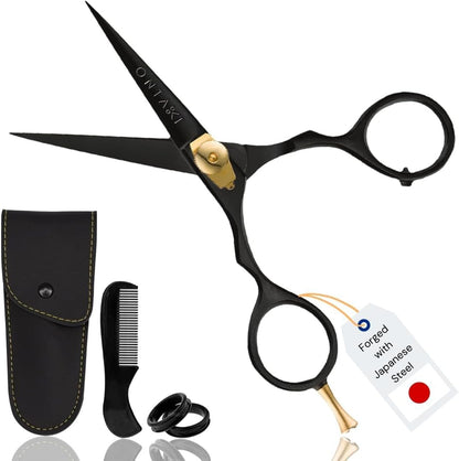 Beard & Mustache Scissors & Combs - 5.5" Japanese Steel, Black | Precision Sharp Blades, Ergonomic Finger Rest & Adjustable Tension Screw for Perfect Trimming - Beard Grooming Scissors