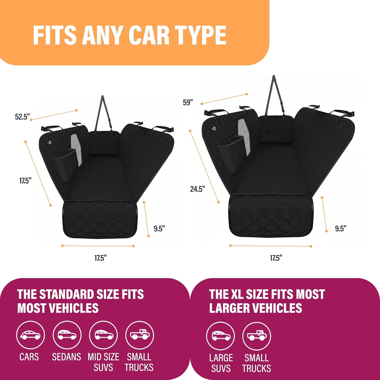 Dog Car Seat Cover for Back Seat, Waterproof Pet Protection Hammock, SUV Truck Car Backseat Protector with Safety Features, Black