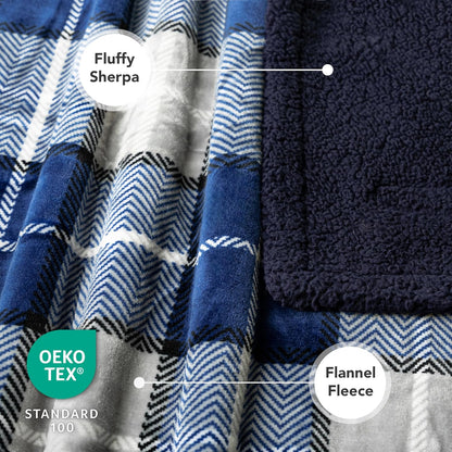 Dog Blanket for Small Medium Dogs and Cats, Soft Sherpa Fleece Pet Blanket Throw Puppies Kittens, Reversible Plush Couch Cover Protector Sofa Bed Crate, Machine Washable, 60X40, Plaid Navy Blue