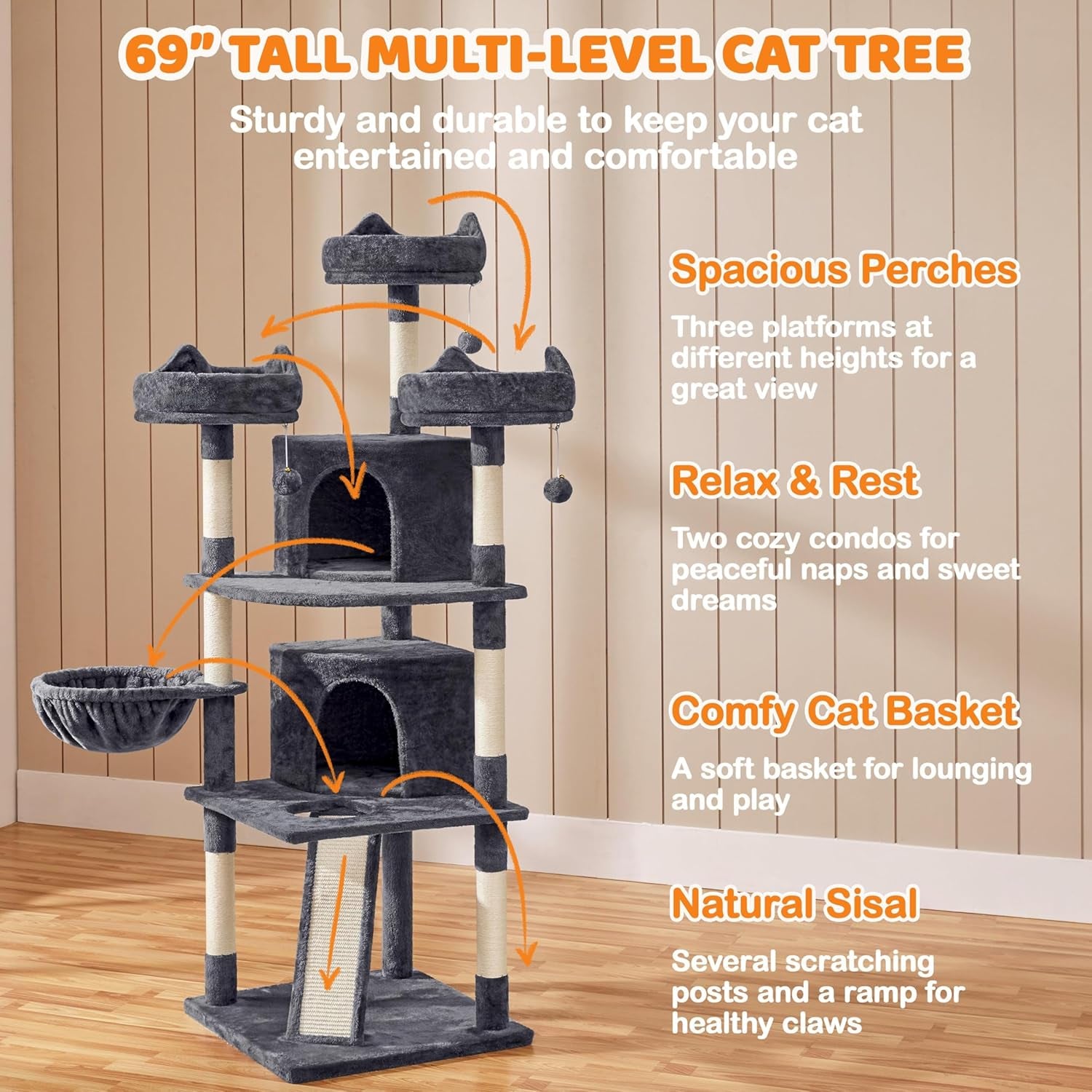 Yaheetech 69In Cat Tree Tower, 2 Condos, Scratching Posts & Cat-Ear Perches | Sturdy Anti-Wobble Base, Soft Basket, Climbing Ramp, Easy Assembly, Fits Large Indoor Cats & Multi-Pet Households, Dark Gray
