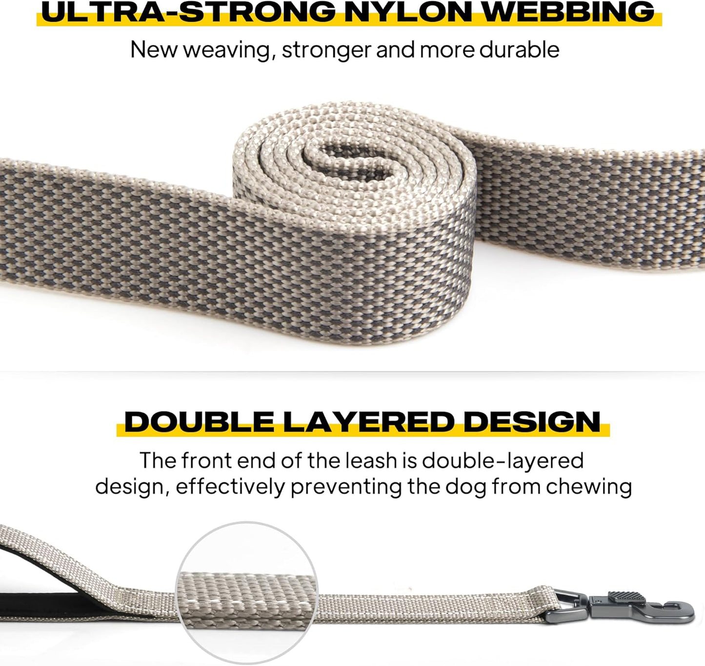 Heavy Duty Dog Leash for Medium Large Dogs, 6 FT, Dual Padded Handles | Traffic Handle for Close Control, Advanced Easy Snap Hook, Reflective, Strong Nylon Webbing for Daily Walks & Training, Grey