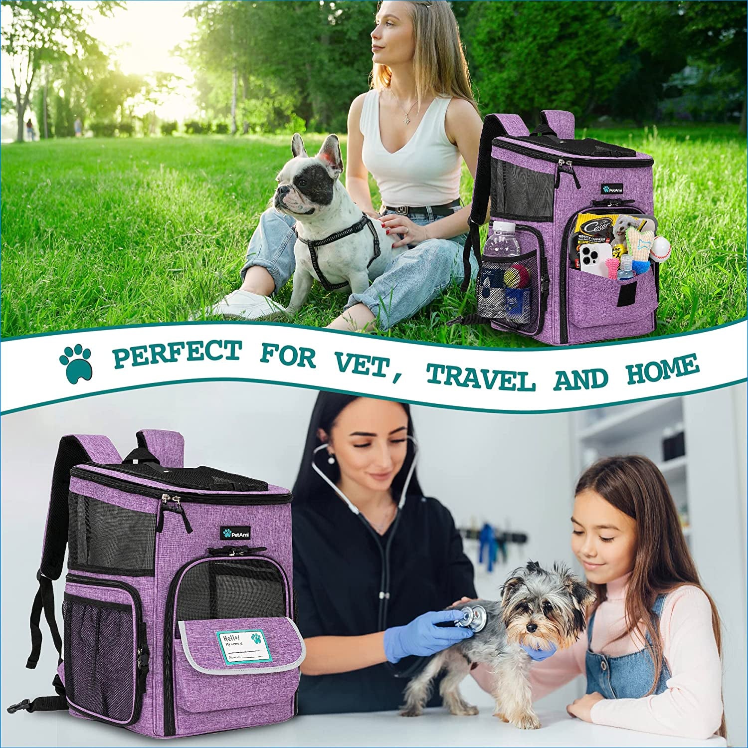 Dog Backpack Carrier, Airline Approved 4-Way Entry Cat Backpack Carrier, Ventilated Mesh, Collapsible Pet Carrier for Small Puppy, Kitten, Hiking, Travel Car, Vet, up to 18 Lbs, Purple