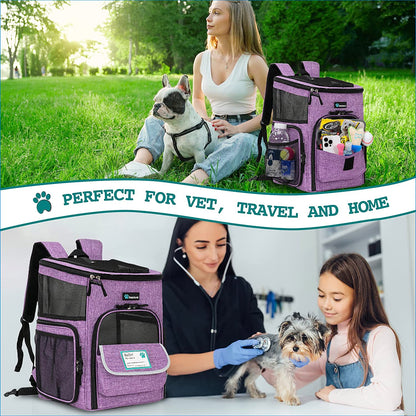 Dog Backpack Carrier, Airline Approved 4-Way Entry Cat Backpack Carrier, Ventilated Mesh, Collapsible Pet Carrier for Small Puppy, Kitten, Hiking, Travel Car, Vet, up to 18 Lbs, Purple