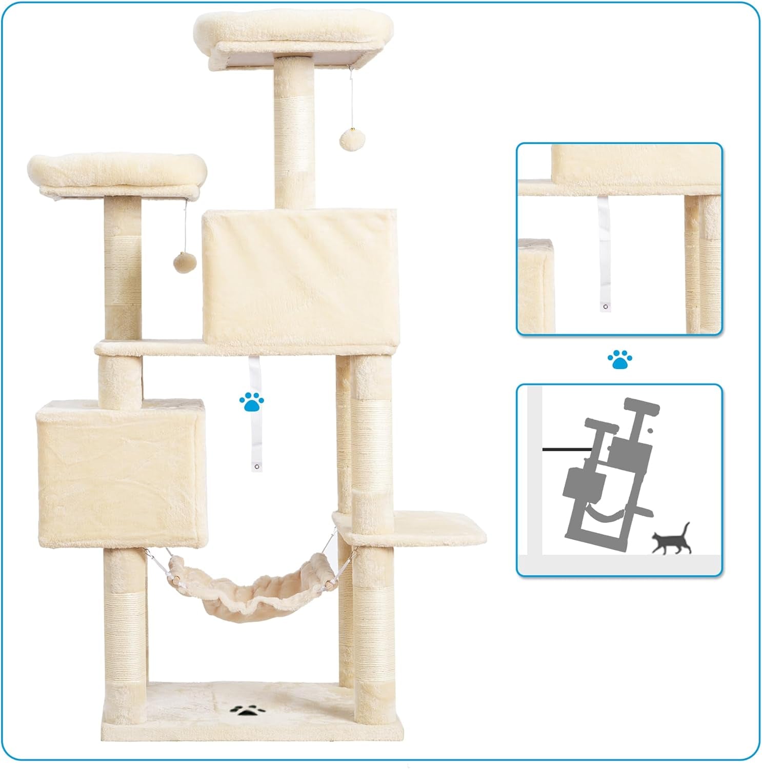 Cat Tree Tower with Sisal Scratching Posts, Big Condo, MPJ020M | 53.7 Inches Multi-Level Cat House with 2 Bigger Plush Condos, 2 Platforms, Hammock, Toy Balls for Indoor Cats, Beige