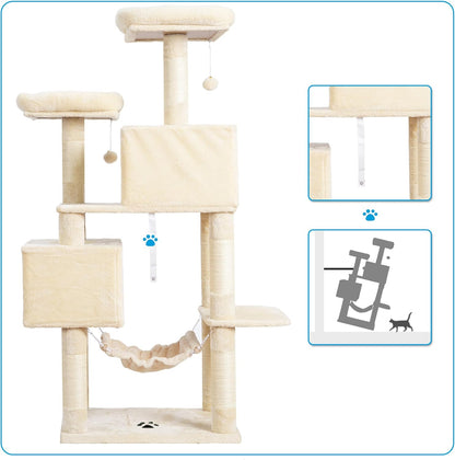 Cat Tree Tower with Sisal Scratching Posts, Big Condo, MPJ020M | 53.7 Inches Multi-Level Cat House with 2 Bigger Plush Condos, 2 Platforms, Hammock, Toy Balls for Indoor Cats, Beige