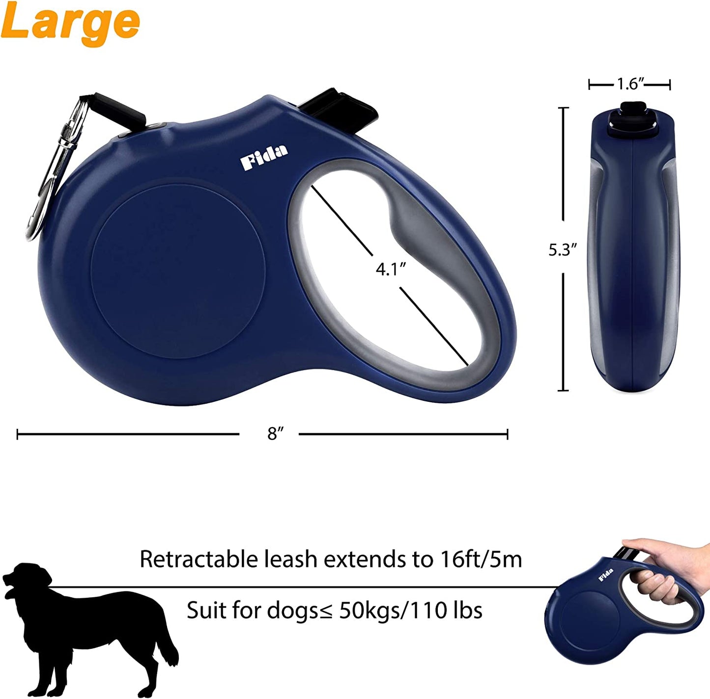 Retractable Dog Leash with Dispenser and Poop Bags,16 Ft, Navy Blue | Pet Walking Leash for Large Dog up to 110 Lbs, Anti-Slip Handle, Tangle Free, Reflective Nylon Tape