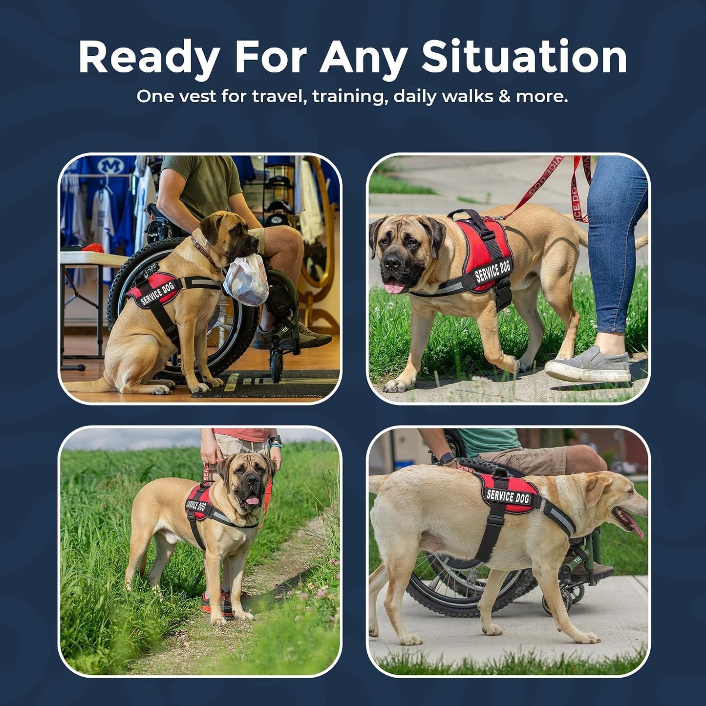 Service Dog Vest Harness, XL 30-39, Red | Durable & Adjustable Vest for Dog, Reflective Straps, Removable Patches, 50 ADA Cards, Handle & D-Ring, Travel and Daily Use