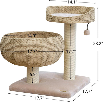 Modern Handwoven Cat Tree with 2 Cat Beds & Sisal Scratching Posts | Handcraft Paper Rope Baskets Bed and Perch, Removeable and Washable Cushion, Replaceable Post, a Pum-Pum Toy, Beige