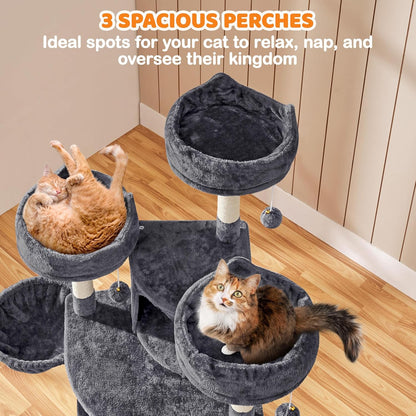 Yaheetech 69In Cat Tree Tower, 2 Condos, Scratching Posts & Cat-Ear Perches | Sturdy Anti-Wobble Base, Soft Basket, Climbing Ramp, Easy Assembly, Fits Large Indoor Cats & Multi-Pet Households, Dark Gray