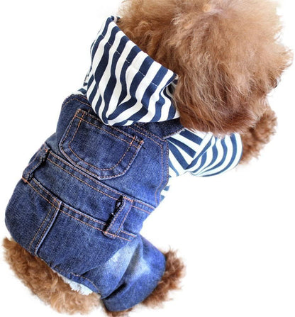 Dogs Denim Jumpsuit Jeans Hoodies Coat Small Medium Pet Classic Jacket | Puppy Cat Blue Clothes Cool Vintage Washed Vests Cute Stripe Shirts One-Piece Outfit Boy Girl Jean Overalls Pets Outfits