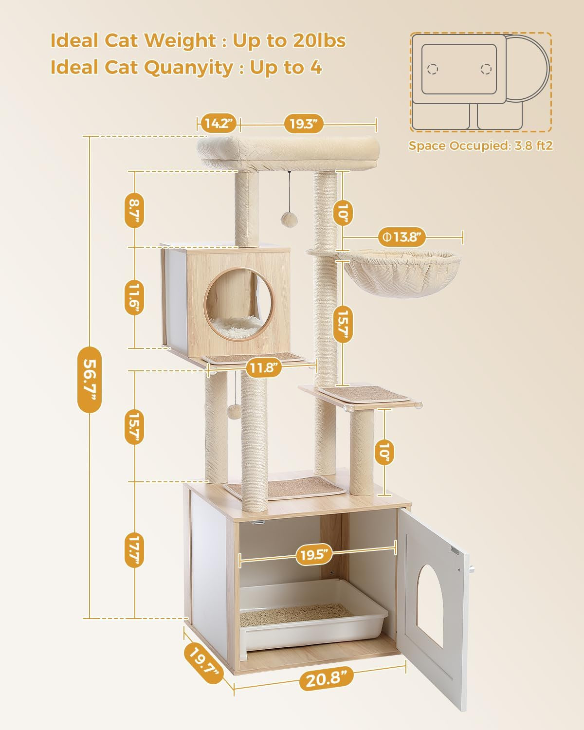 56.7" Cat Tree with Litter Box Enclosure, Wood Cat Tower, Beige | Enclosed Cabinet Hides a Litter Box; with Cozy Condo, Sisal Scratching Posts, Spoon Hammock & Top Perch for Indoor Cats