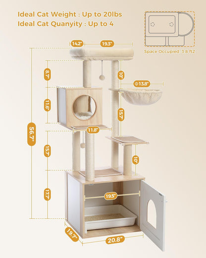 56.7" Cat Tree with Litter Box Enclosure, Wood Cat Tower, Beige | Enclosed Cabinet Hides a Litter Box; with Cozy Condo, Sisal Scratching Posts, Spoon Hammock & Top Perch for Indoor Cats