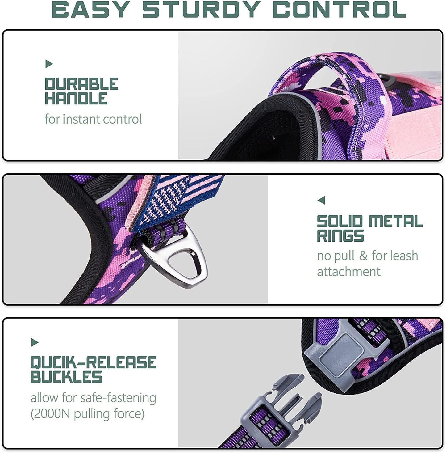 Tactical Dog Harness for Small Dogs No Pull, Famous TIK Tok No Pull Puppy Harness, Fit Smart Reflective Pet Walking Harness for Training, Adjustable Dog Vest Harness with Handle Purple Camo XS