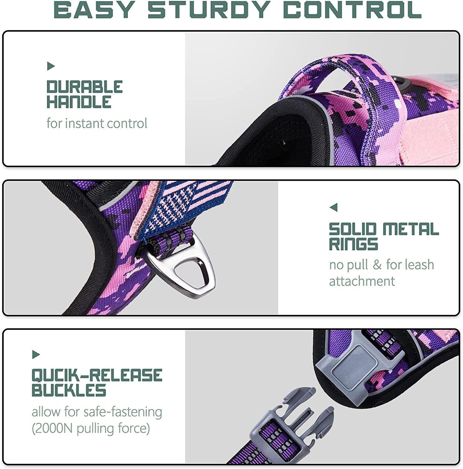 Tactical Dog Harness for Small Dogs No Pull, Famous TIK Tok No Pull Puppy Harness, Fit Smart Reflective Pet Walking Harness for Training, Adjustable Dog Vest Harness with Handle Purple Camo XS