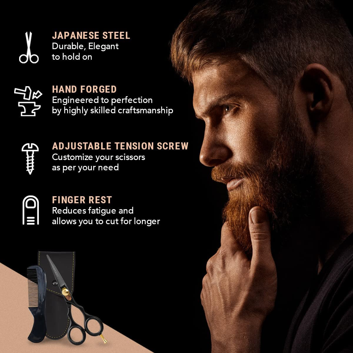 Beard & Mustache Scissors & Combs - 5.5" Japanese Steel, Black | Precision Sharp Blades, Ergonomic Finger Rest & Adjustable Tension Screw for Perfect Trimming - Beard Grooming Scissors