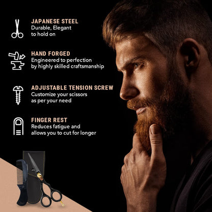 Beard & Mustache Scissors & Combs - 5.5" Japanese Steel, Black | Precision Sharp Blades, Ergonomic Finger Rest & Adjustable Tension Screw for Perfect Trimming - Beard Grooming Scissors