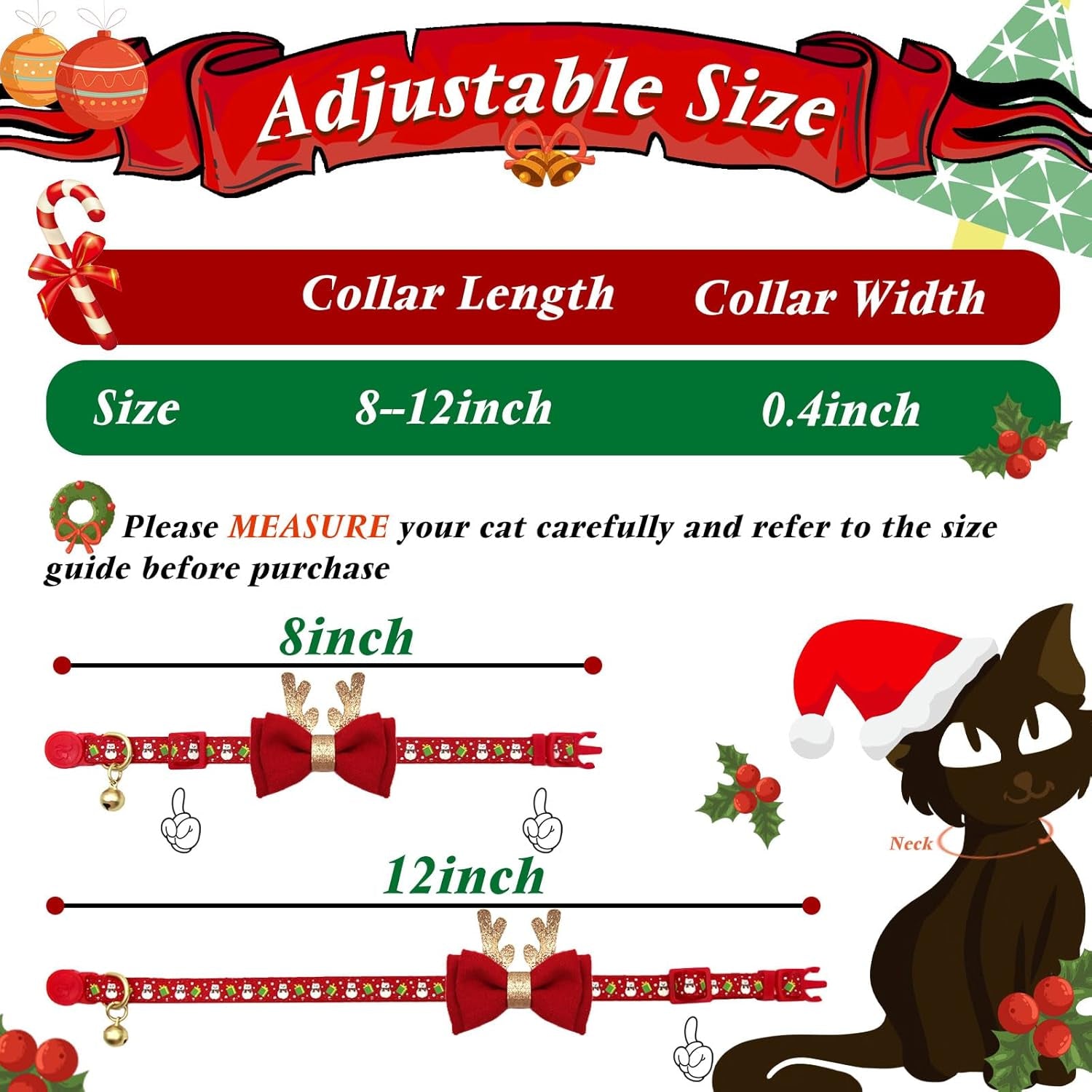 2 Pack Christmas Cat Collar with Bell, Santa & Christmas Tree Design | Safety Breakaway Buckle, Removable Bell, 2 Pack Christmas Bowtie Design, Soft Nylon Material, Adjustable Fit for Boy Gir Cats