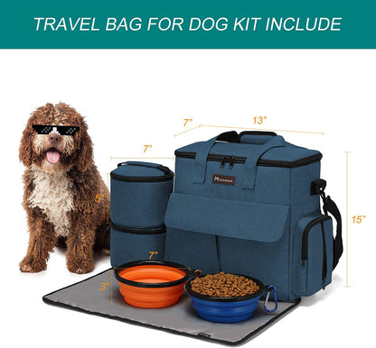 Weekend Dog Travel Bag Set with 2 Food Bags, 2 Bowls and Mat,Blue | Dog Travel Accessories Organizer for Camping and Road Trips with Roomy Storage, Multiple Pockets and Water-Resistant Oxford