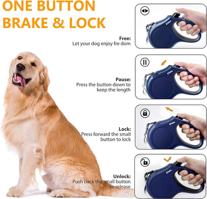 Retractable Dog Leash with Dispenser and Poop Bags,16 Ft, Navy Blue | Pet Walking Leash for Large Dog up to 110 Lbs, Anti-Slip Handle, Tangle Free, Reflective Nylon Tape