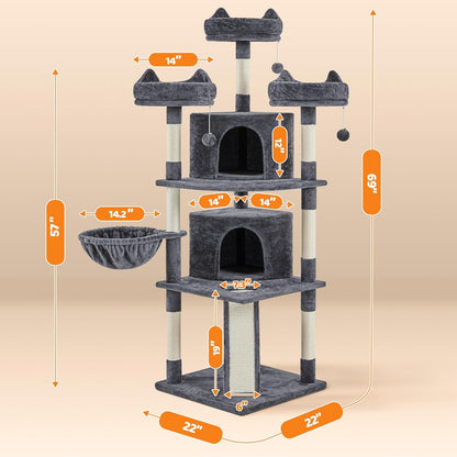 Yaheetech 69In Cat Tree Tower, 2 Condos, Scratching Posts & Cat-Ear Perches | Sturdy Anti-Wobble Base, Soft Basket, Climbing Ramp, Easy Assembly, Fits Large Indoor Cats & Multi-Pet Households, Dark Gray