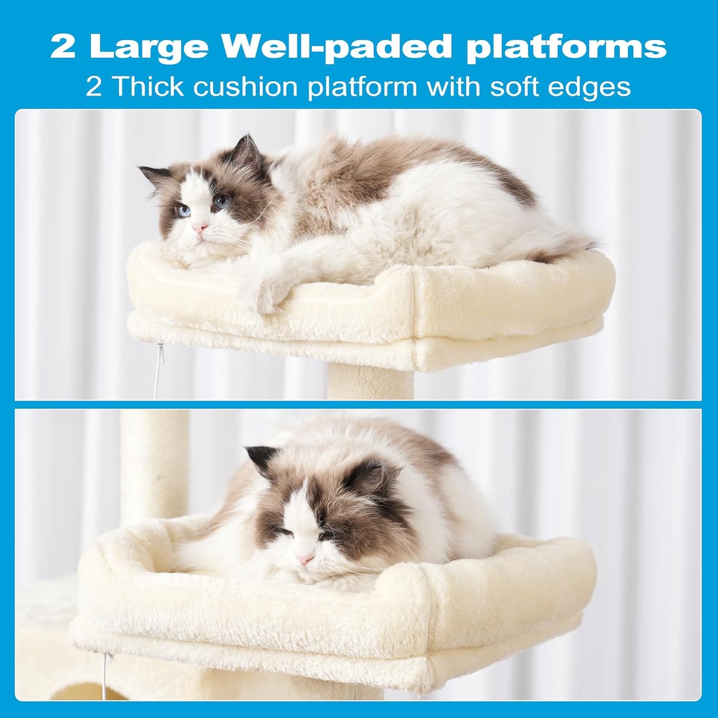 Cat Tree Tower with Sisal Scratching Posts, Big Condo, MPJ020M | 53.7 Inches Multi-Level Cat House with 2 Bigger Plush Condos, 2 Platforms, Hammock, Toy Balls for Indoor Cats, Beige
