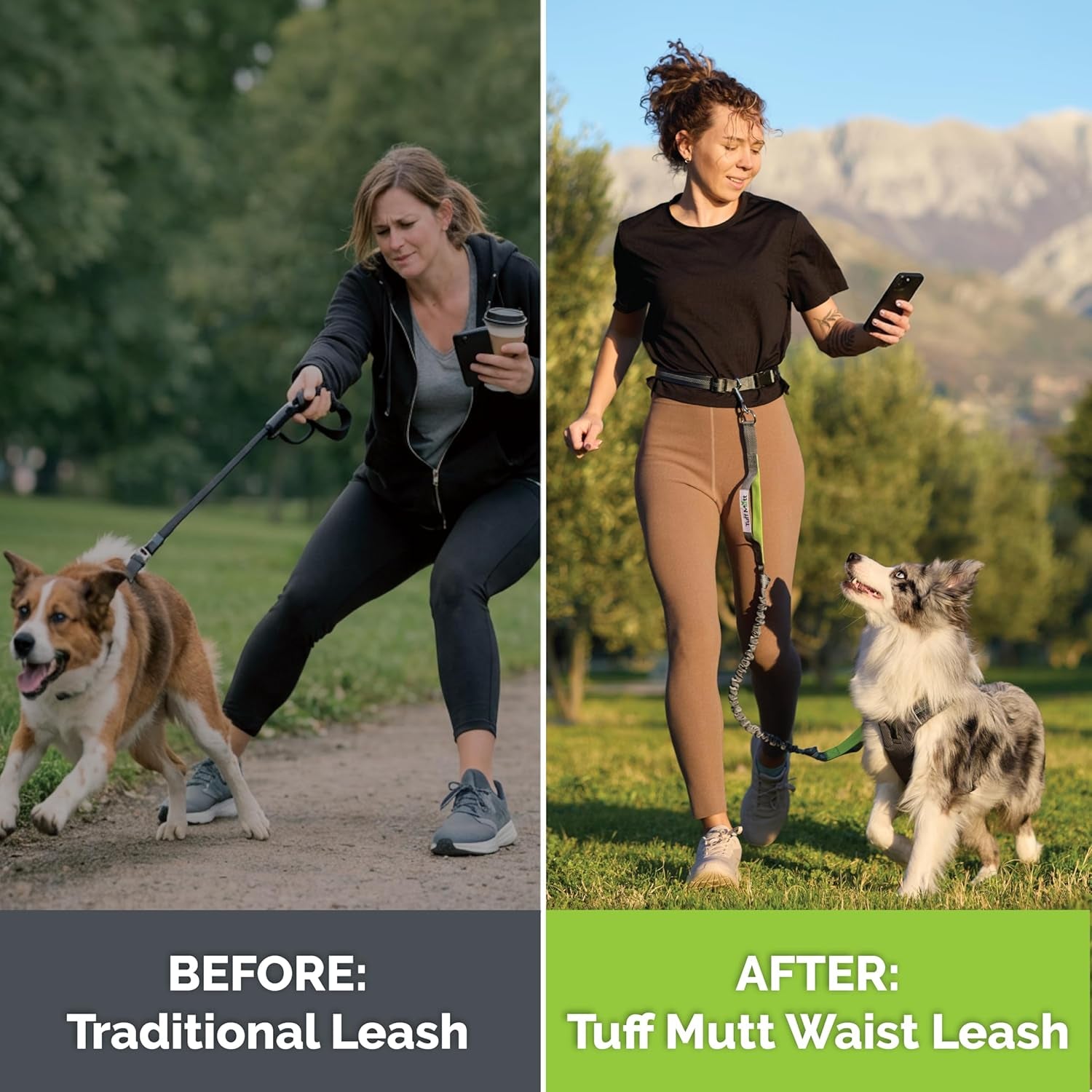 Waist Hands Free Dog Leash for Walking Running Hiking | Waist Leash with Bungee, Adjustable Belt, Reflective Double Handle Design, Carabiner Clip, for Medium & Large Dogs