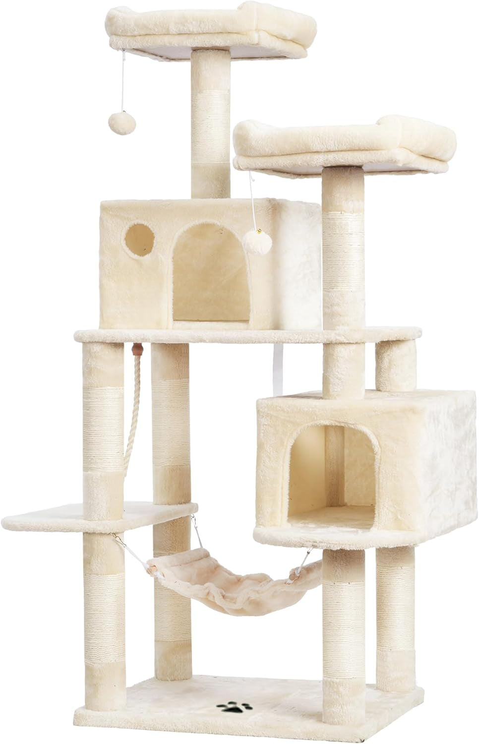 Cat Tree Tower with Sisal Scratching Posts, Big Condo, MPJ020M | 53.7 Inches Multi-Level Cat House with 2 Bigger Plush Condos, 2 Platforms, Hammock, Toy Balls for Indoor Cats, Beige