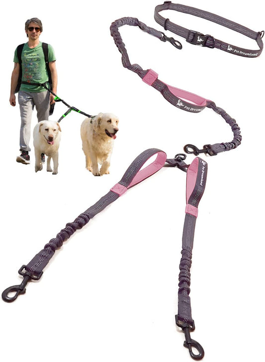 Exquisite Hands Free Dual Dog Leash for Large Dogs. Trending Waist Leash for Walking 2 Dogs No Tangle. You Will Absolutely Love This Amazing Double Dog Gear (Dark Grey & Pink)