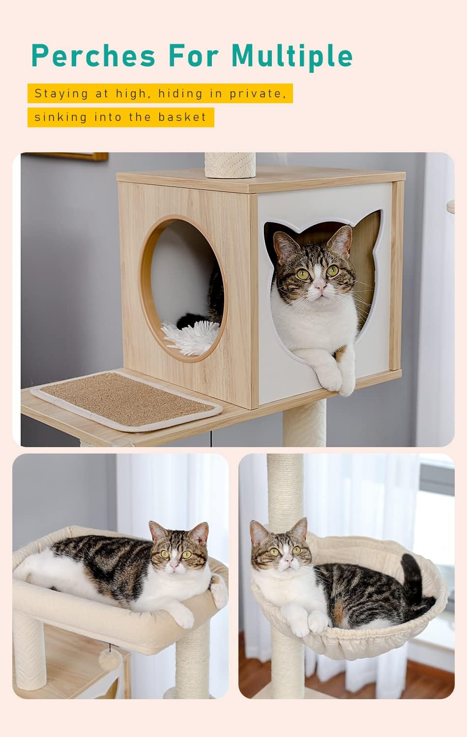 56.7" Cat Tree with Litter Box Enclosure, Wood Cat Tower, Beige | Enclosed Cabinet Hides a Litter Box; with Cozy Condo, Sisal Scratching Posts, Spoon Hammock & Top Perch for Indoor Cats