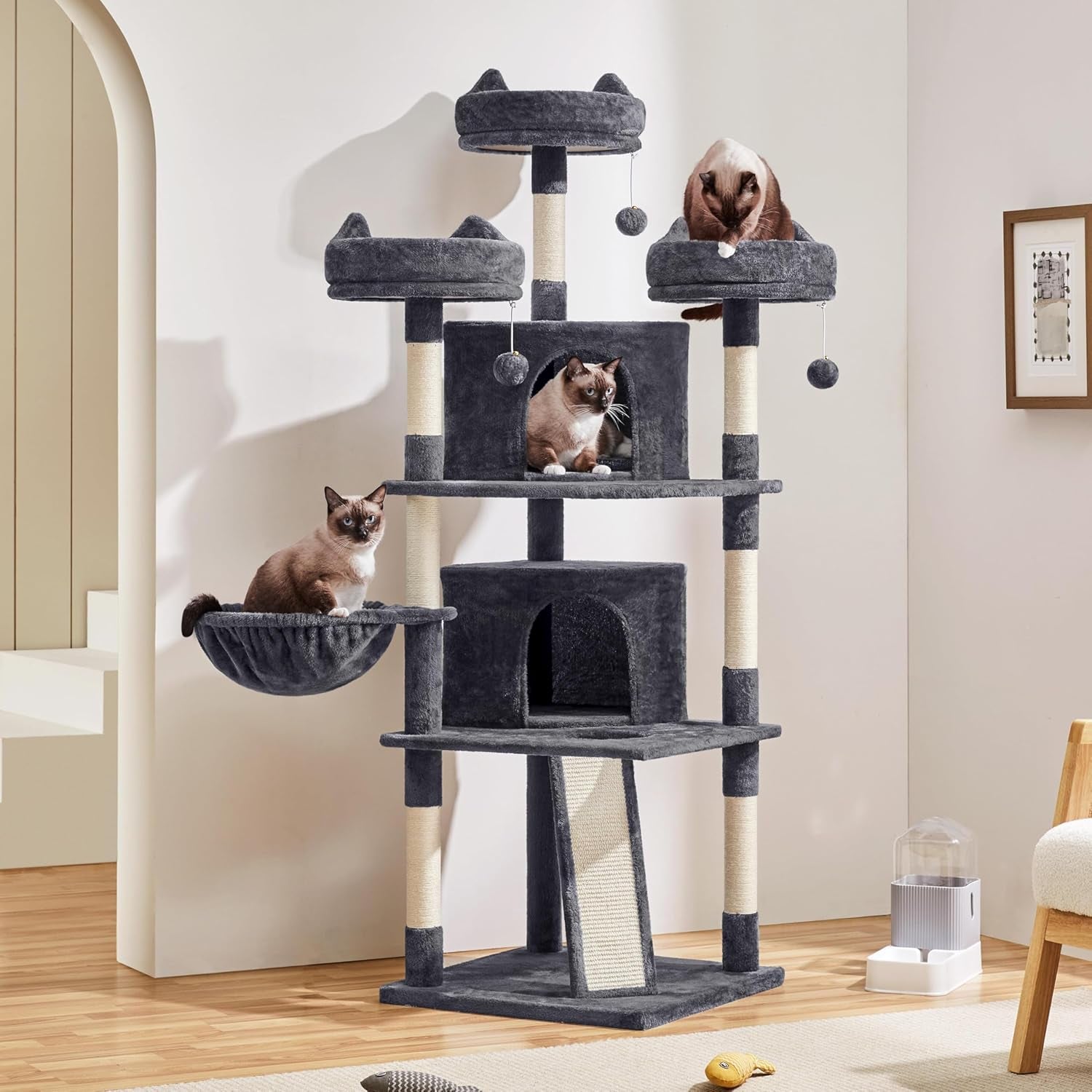 Yaheetech 69In Cat Tree Tower, 2 Condos, Scratching Posts & Cat-Ear Perches | Sturdy Anti-Wobble Base, Soft Basket, Climbing Ramp, Easy Assembly, Fits Large Indoor Cats & Multi-Pet Households, Dark Gray