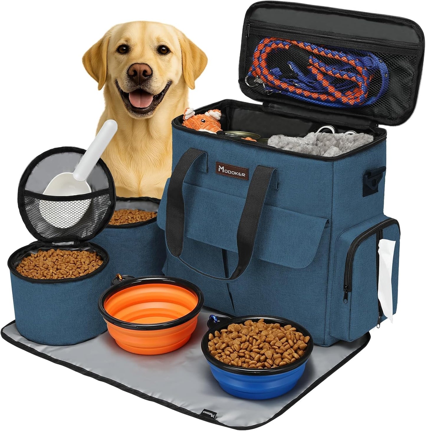 Weekend Dog Travel Bag Set with 2 Food Bags, 2 Bowls and Mat,Blue | Dog Travel Accessories Organizer for Camping and Road Trips with Roomy Storage, Multiple Pockets and Water-Resistant Oxford