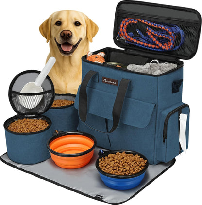 Weekend Dog Travel Bag Set with 2 Food Bags, 2 Bowls and Mat,Blue | Dog Travel Accessories Organizer for Camping and Road Trips with Roomy Storage, Multiple Pockets and Water-Resistant Oxford
