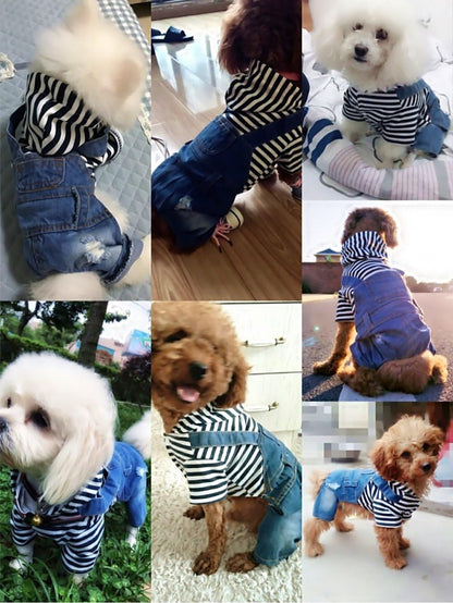 Dogs Denim Jumpsuit Jeans Hoodies Coat Small Medium Pet Classic Jacket | Puppy Cat Blue Clothes Cool Vintage Washed Vests Cute Stripe Shirts One-Piece Outfit Boy Girl Jean Overalls Pets Outfits