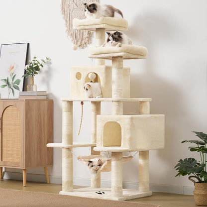 Cat Tree Tower with Sisal Scratching Posts, Big Condo, MPJ020M | 53.7 Inches Multi-Level Cat House with 2 Bigger Plush Condos, 2 Platforms, Hammock, Toy Balls for Indoor Cats, Beige
