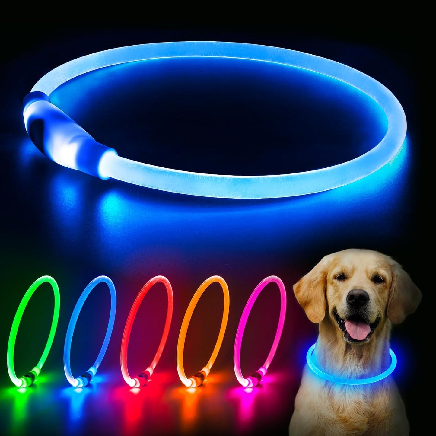 LED Dog Collar, USB Rechargeable Glowing Lighted up Collar, Cuttable Water-Resistant TPU Safety Collar Lights for Small Medium Large Dogs