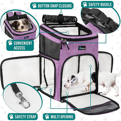 Dog Backpack Carrier, Airline Approved 4-Way Entry Cat Backpack Carrier, Ventilated Mesh, Collapsible Pet Carrier for Small Puppy, Kitten, Hiking, Travel Car, Vet, up to 18 Lbs, Purple