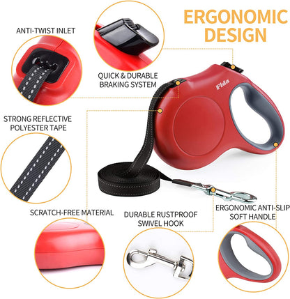 Retractable Dog Leash with Dispenser and Poop Bags, 16 Ft, Red | Pet Walking Leash for Medium Dog or Cat up to 44 Lbs, Anti-Slip Handle, Tangle Free, Reflective Nylon Tape