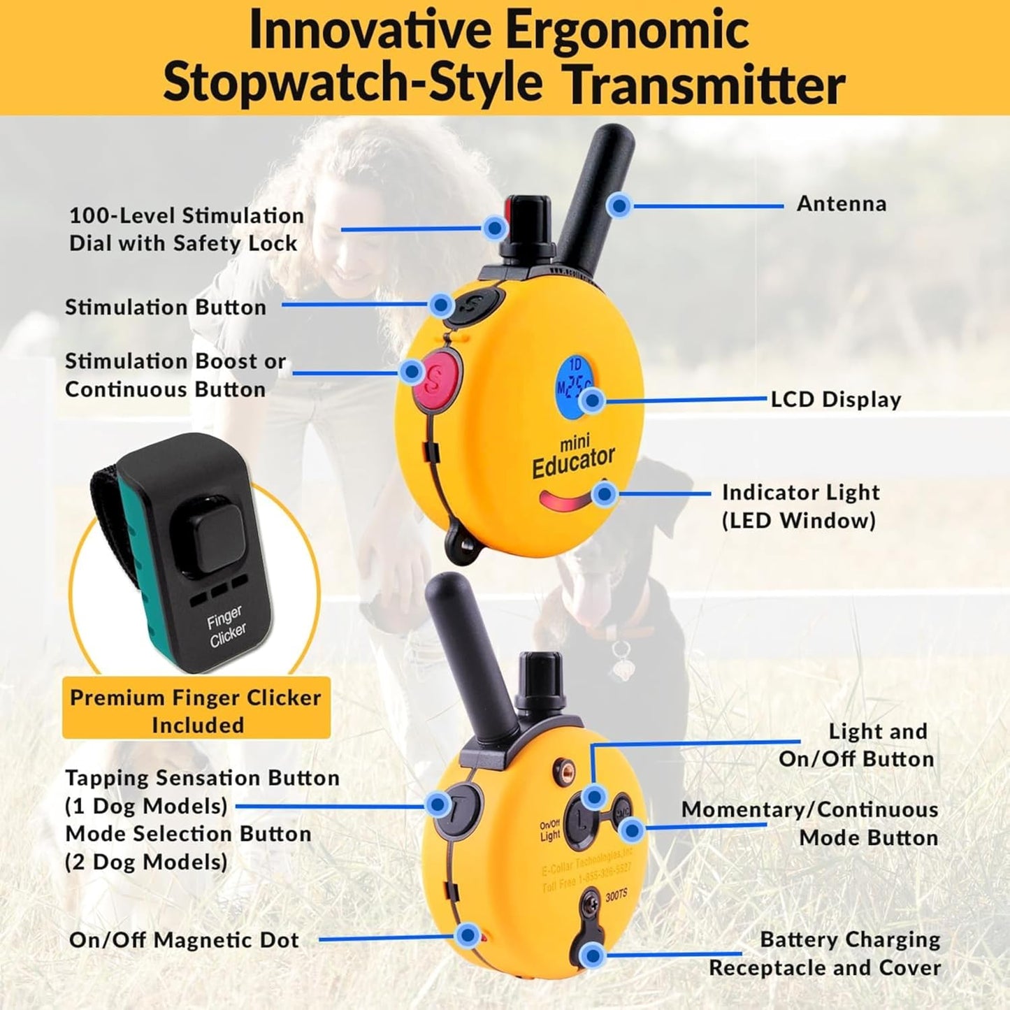 E-Collar ET-300 Mini  Dog Training Collar, Yellow, 1/2 Mile | 1/2 Mile Range | Dogs 10 Lbs+ | Waterproof | Rechargeable | 100 Levels | Tone, Vibration & LED Light