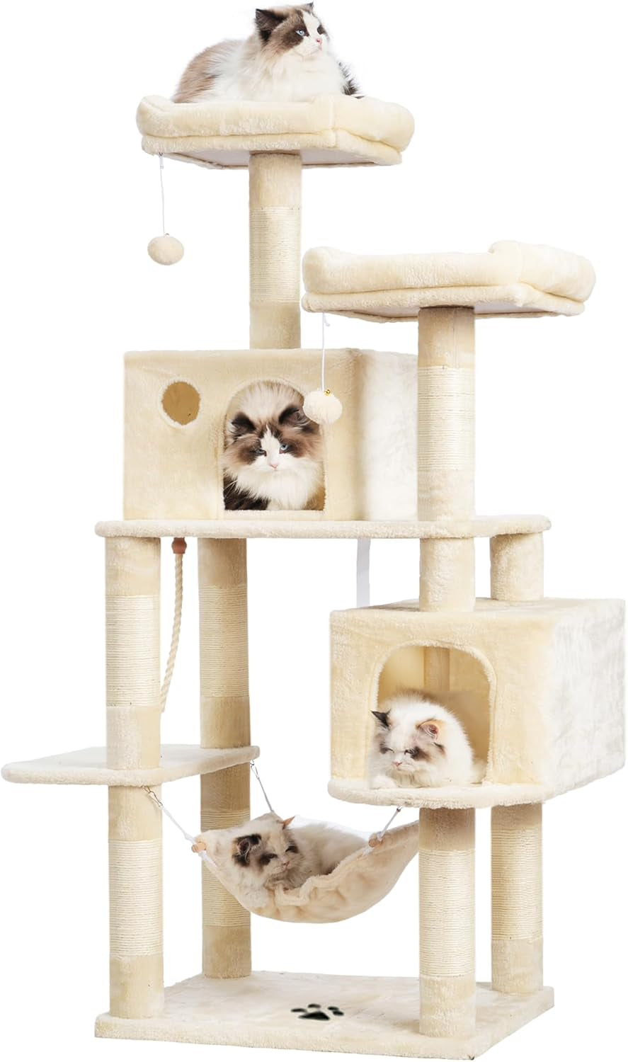 Cat Tree Tower with Sisal Scratching Posts, Big Condo, MPJ020M | 53.7 Inches Multi-Level Cat House with 2 Bigger Plush Condos, 2 Platforms, Hammock, Toy Balls for Indoor Cats, Beige