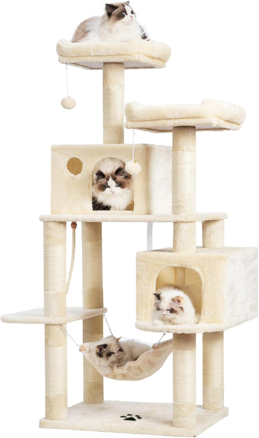 Cat Tree Tower with Sisal Scratching Posts, Big Condo, MPJ020M | 53.7 Inches Multi-Level Cat House with 2 Bigger Plush Condos, 2 Platforms, Hammock, Toy Balls for Indoor Cats, Beige