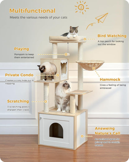 56.7" Cat Tree with Litter Box Enclosure, Wood Cat Tower, Beige | Enclosed Cabinet Hides a Litter Box; with Cozy Condo, Sisal Scratching Posts, Spoon Hammock & Top Perch for Indoor Cats