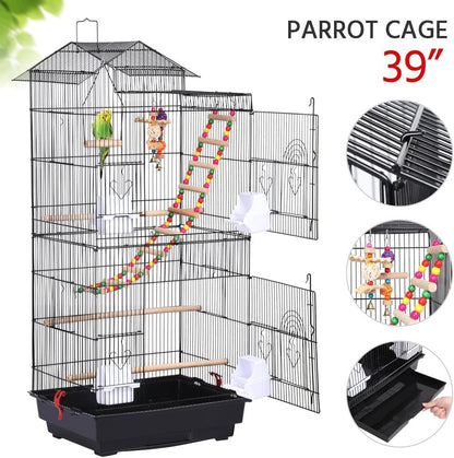 Yaheetech 39" Roof Top Flight Cage with Toys, Wrought Iron Bird Cage for Cockatiels, Conures, Lovebirds, Budgies & Small Birds