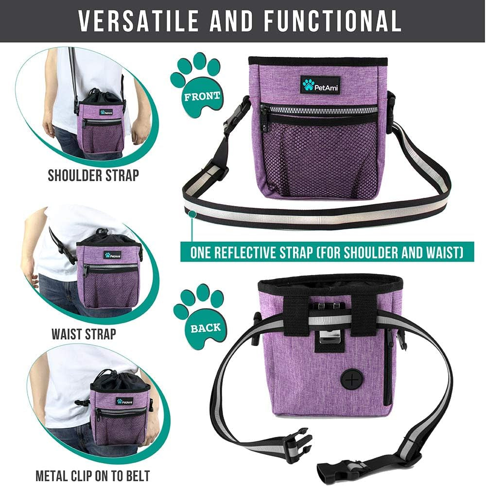 Dog Training Treat Pouch with Multi-Functional Features, Includes Poop Bag Dispenser and Versatile Carry Options (Purple)